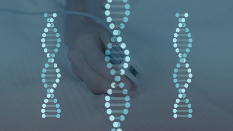 animation of moving dna strands over caucasian patient in hospital bed
