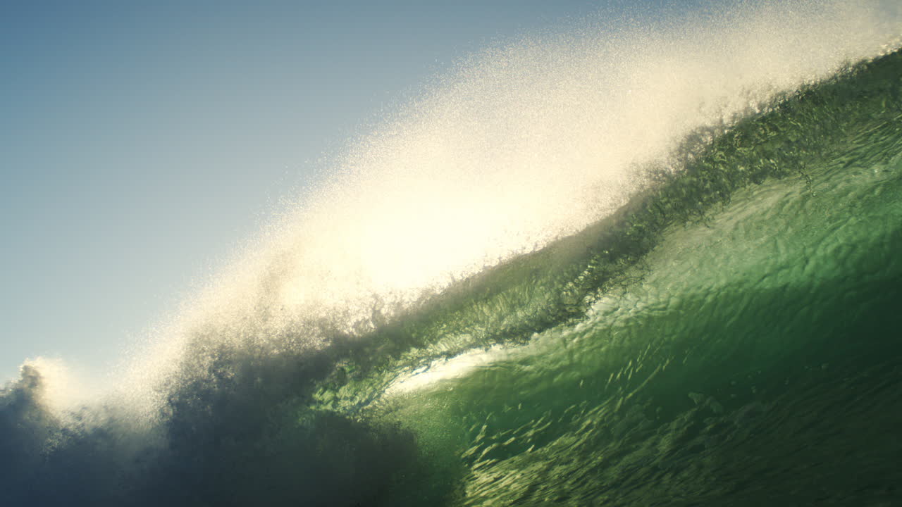 Barreling wave rolls with luminous green and gold tones