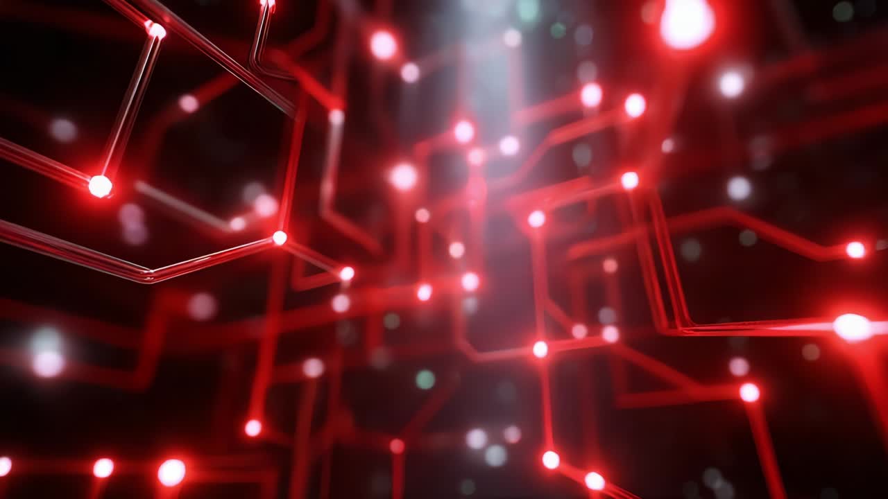 Dynamic Red Circuitry: A Striking Visualization of Abstract Technology Featuring Intricate Patterns and Illuminated Node Connections, Capturing the Essence of Modern Digital Interconnectivity