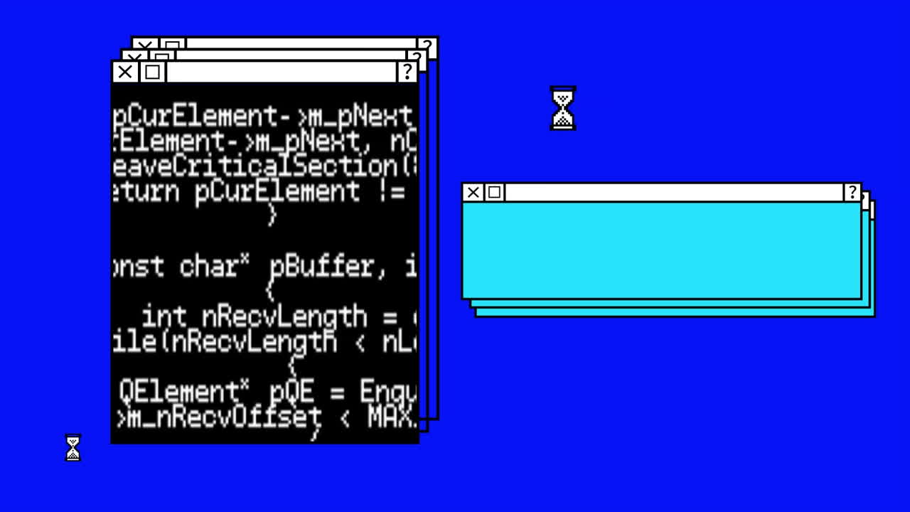 Animation of multiple windows and data processing over blue background
