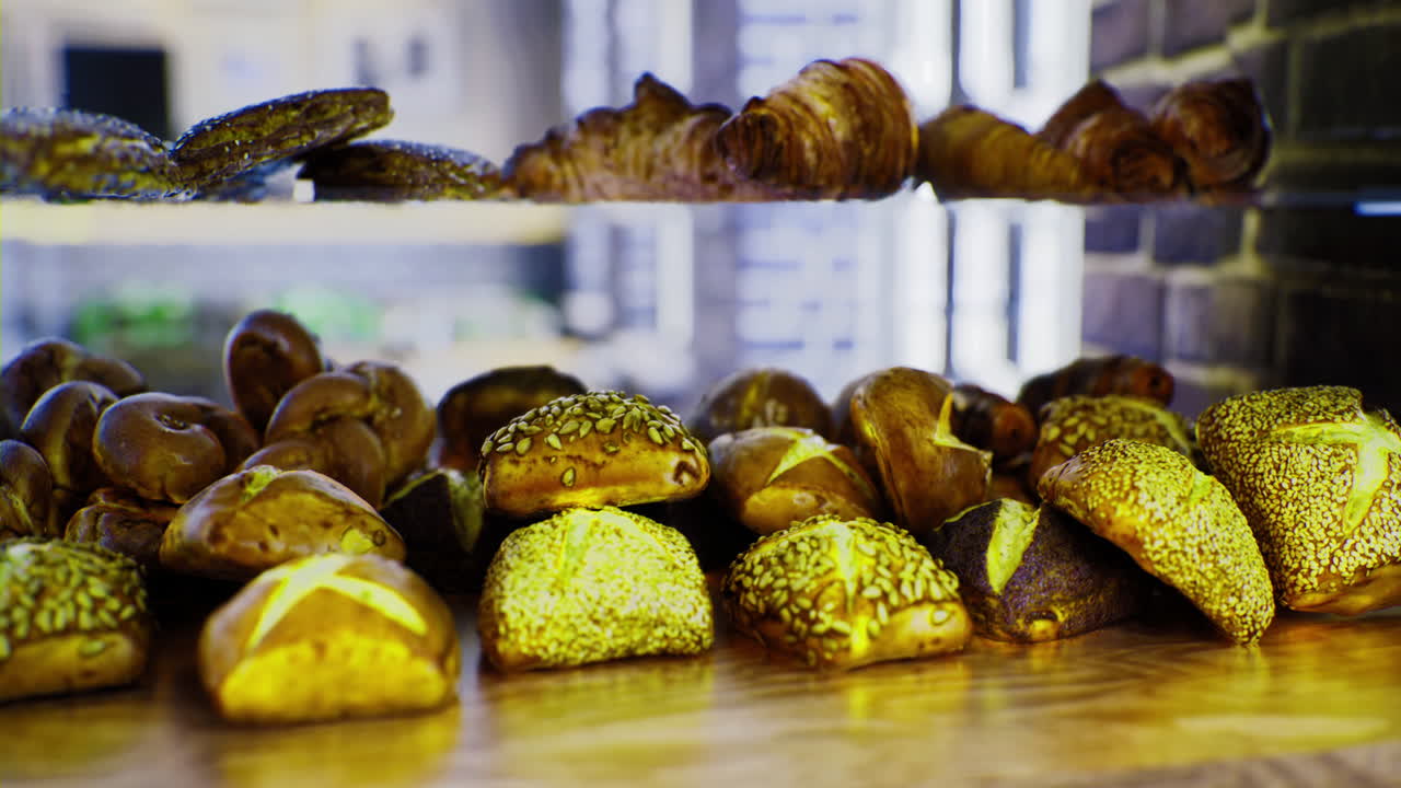 Delicious assortment of freshly baked goods displayed at a cozy bakery
