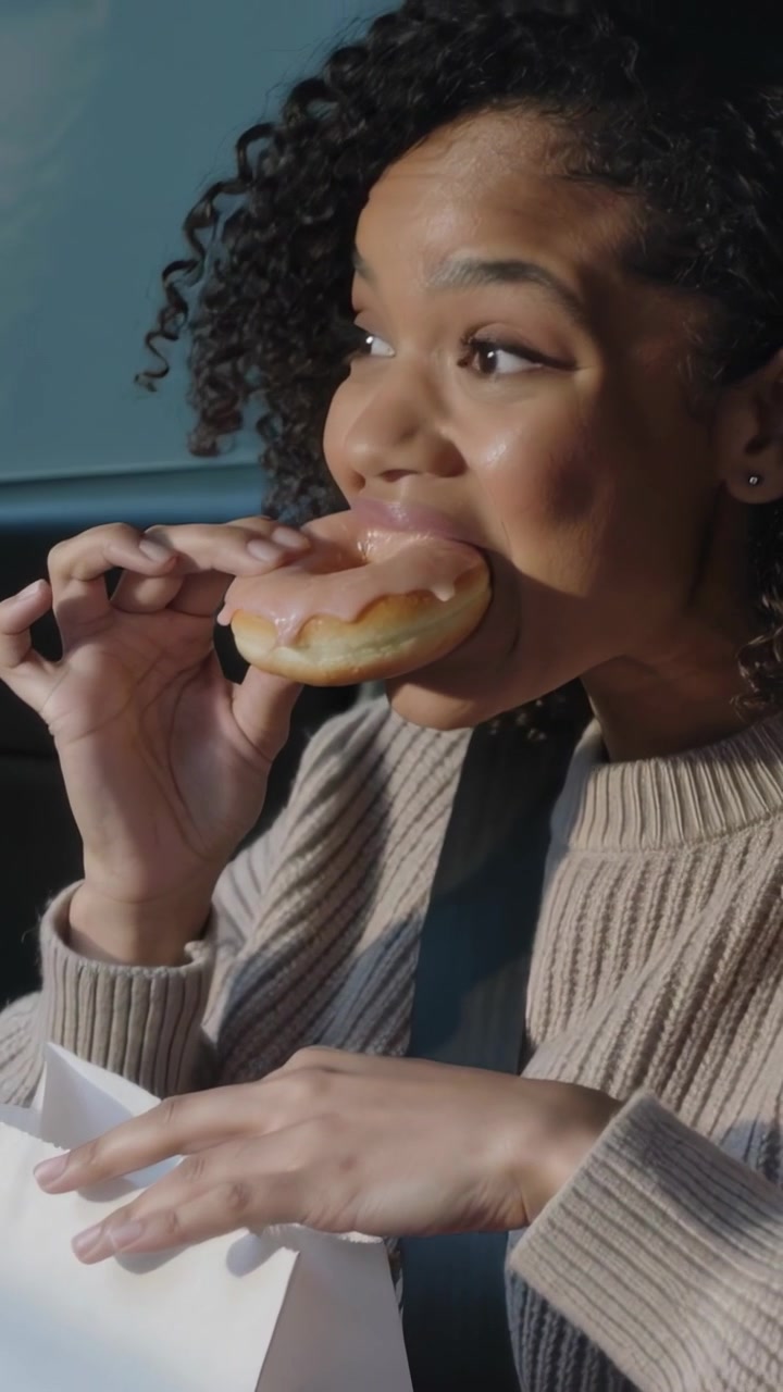 Vertical video: Reaching woman in car, sweater seatbelt, grabbing pink donut and biting for snack