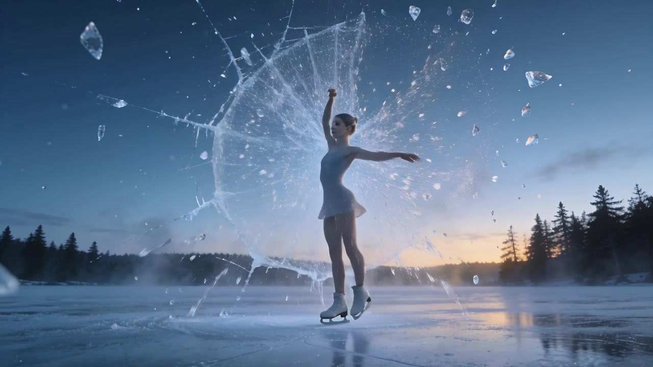 Spinning skater in short dress and figure skates performing routine on frozen lake