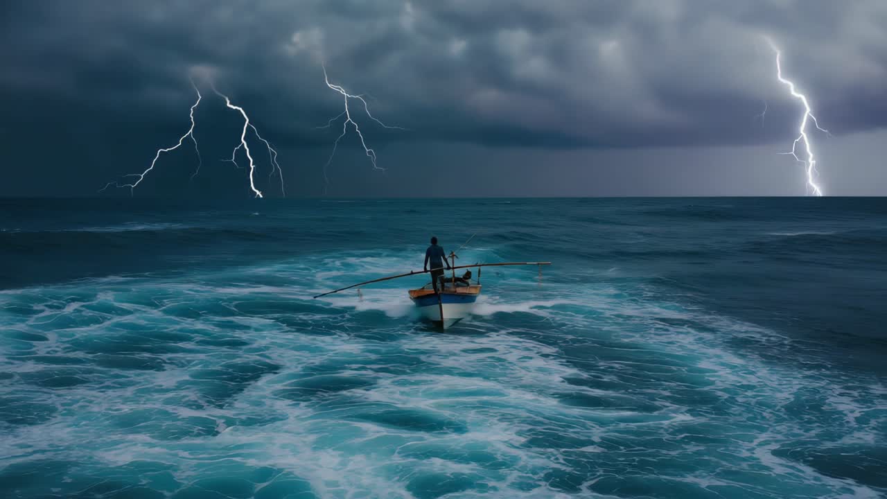 Boat in a Stormy Sea with Lightning