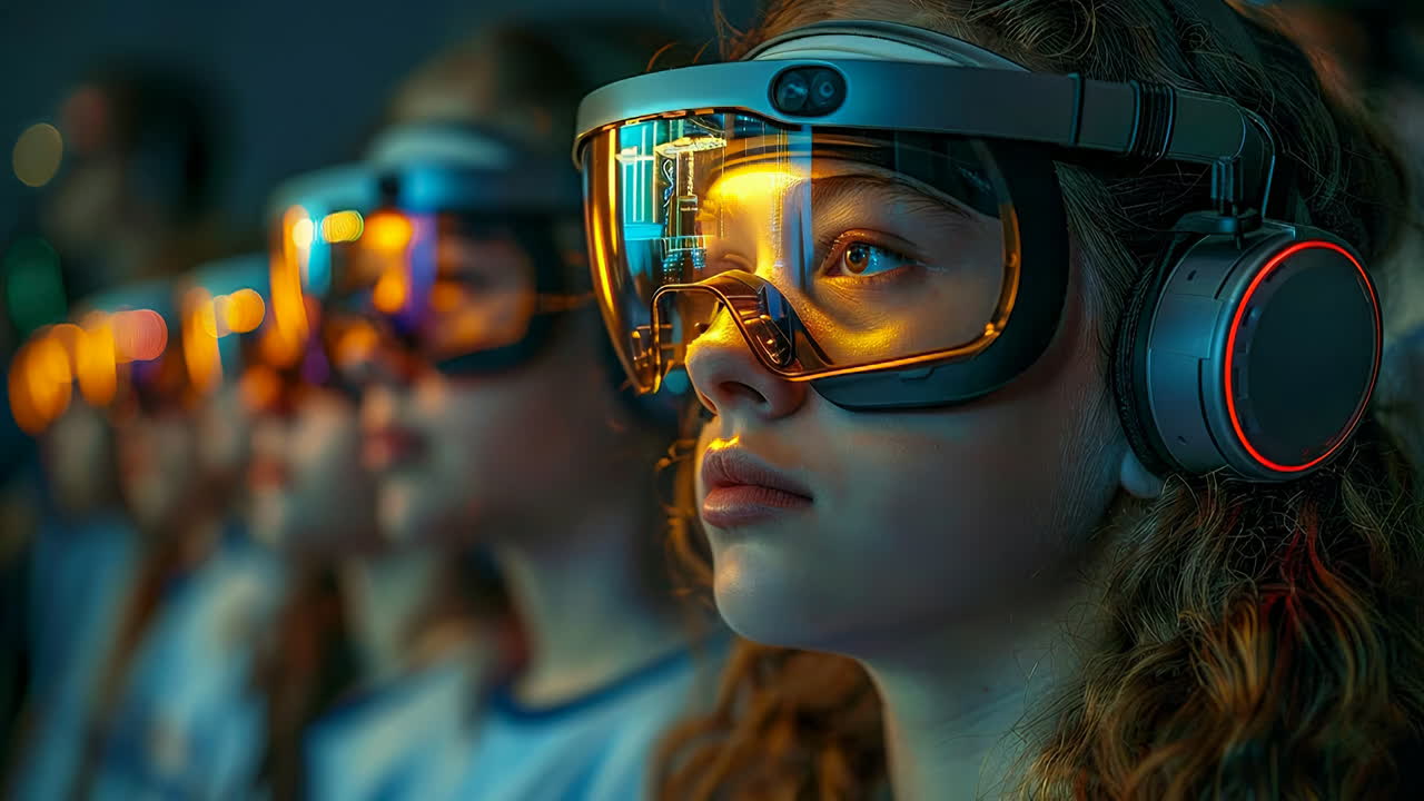 Un gruppo con visori VR. Persone sedute vicine indossano visori per la realtà virtuale e cuffie. Sono concentrate sullo schermo di fronte a loro.