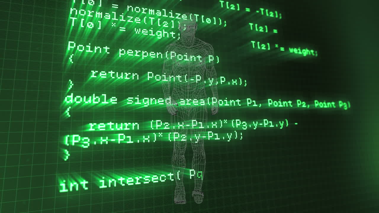animación del procesamiento de datos sobre un modelo de cuerpo humano que camina en un espacio verde