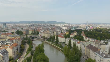 danube river and vienna cityscape with ferry and business district