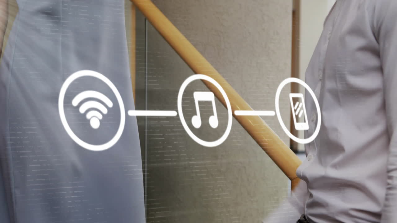 animación de diagrama de flujo de iconos sobre mujer caucásica caminando por las escaleras y estrechando la mano con el hombre