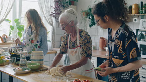 elderly woman cooking together with grandchildren at home