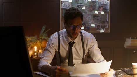 detective reviewing evidence at crime scene