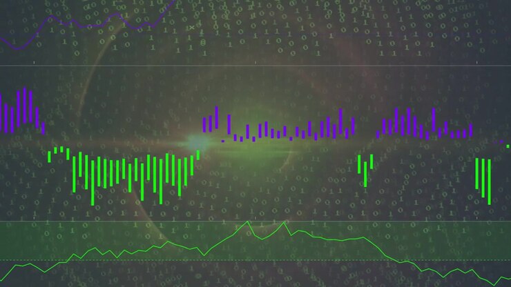 Cascading binary digits sparking data panel, green or purple bars rising while line showing live dat