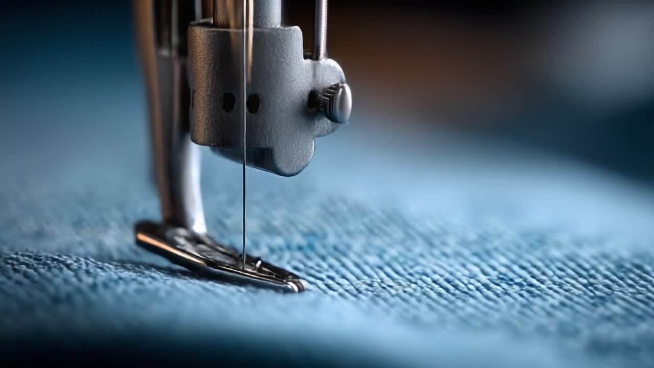 Intricate Precision in Textile Craft: Close-Up of a Sewing Machine's Needle and Foot in Action on Vibrant Fabric