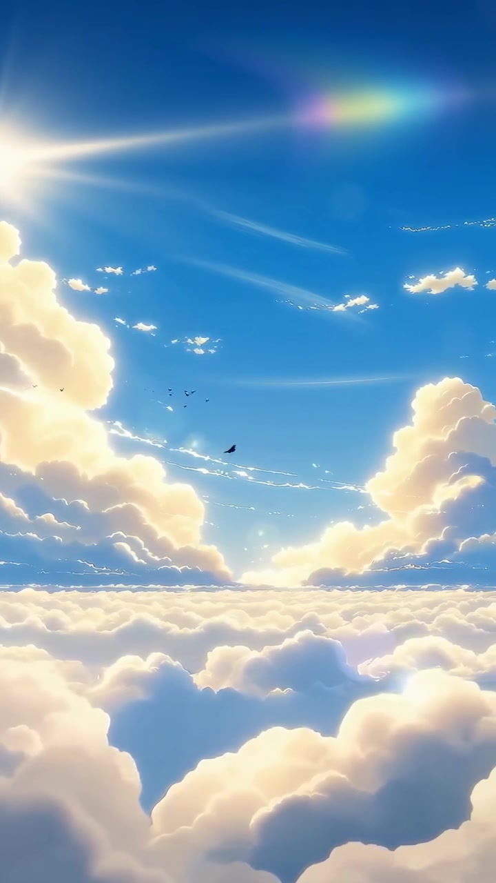 Langit Biru yang Tenang di Atas Awan dengan Matahari dan Burung Terbang
