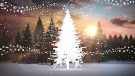 Nieve-Cayendo-Sobre-El-árbol-De-Navidad-En-El-Paisaje-Invernal-Contra-Múltiples-Iconos-De-Estrellas