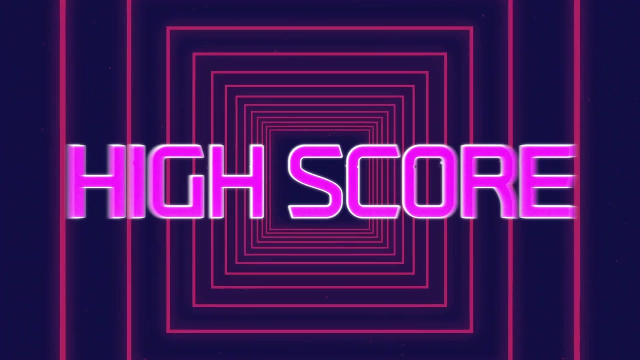 Purple squares forming tunnel, glitching into neon HIGH SCORE revealing and stabilizing