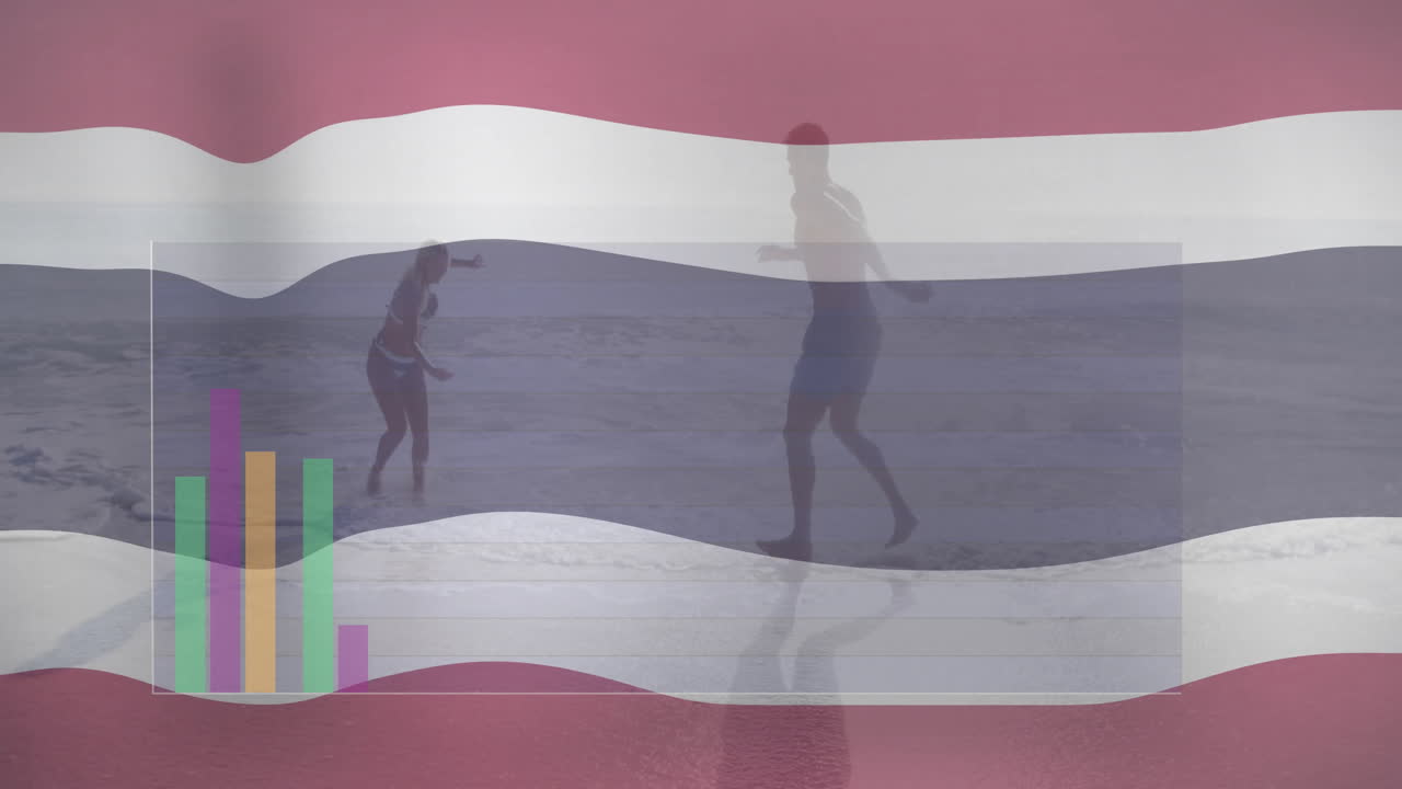 People playing on beach with colorful bar graph animation overlay
