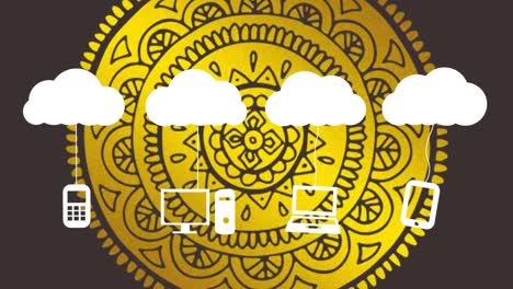 Animation-of-clouds-and-digital-icons-over-graphic-yellow-mandala