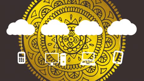 animation of clouds and digital icons over graphic yellow mandala