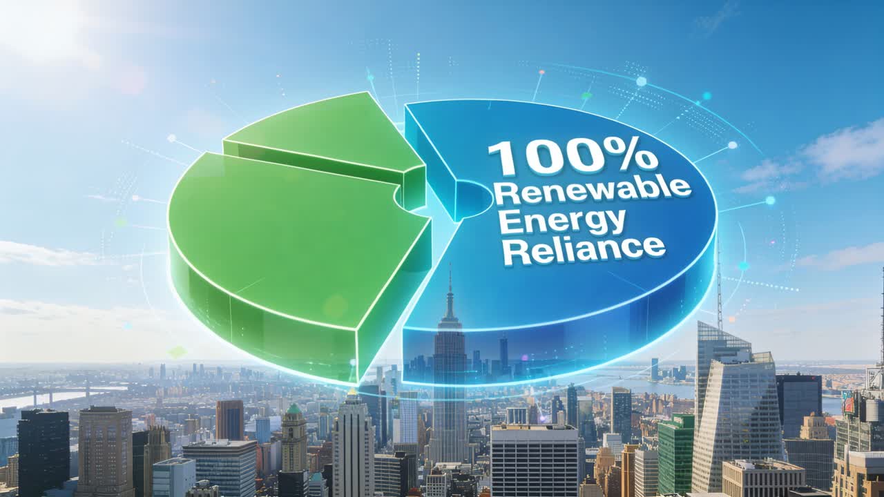 Vertical video: Turning 3D pie chart over city skyline sun flaring breaking 100% renewable HUD text