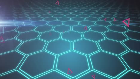 Animation-of-pink-triangles-over-network-of-blue-neon-hexagons