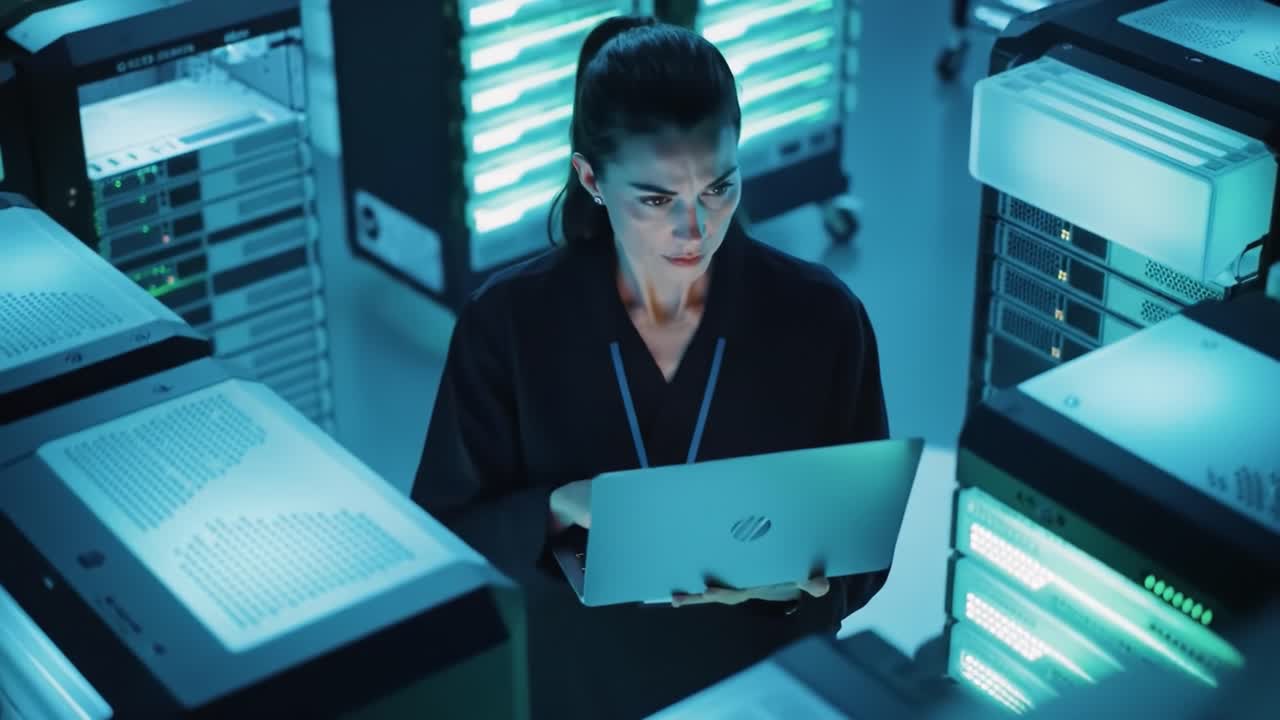 A Data Technician Focuses on Her Laptop Amidst Server Racks, Analyzing Systems and Data Flow in a Modern Data Center Environment