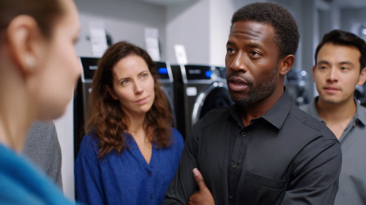 Engaging Interaction Among a Group During a Discussion in a Laundry Facility, Highlighting Varied Expressions and Perspectives as They Communicate on the Importance of Laundry Choices and Services