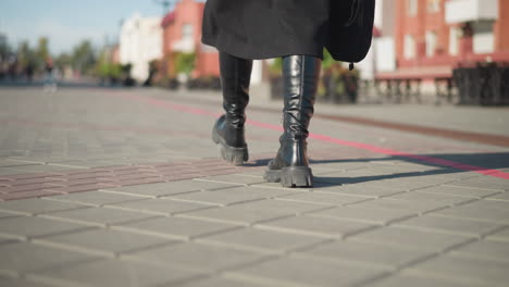 rear leg view of person in black boots and coat holding a black briefcase, strolling along an interlocked path with urban structure and blurred moving figure in the background