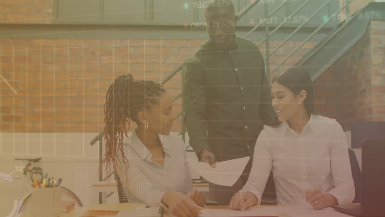 Animation of stock market data processing over african american man giving a document to colleagues