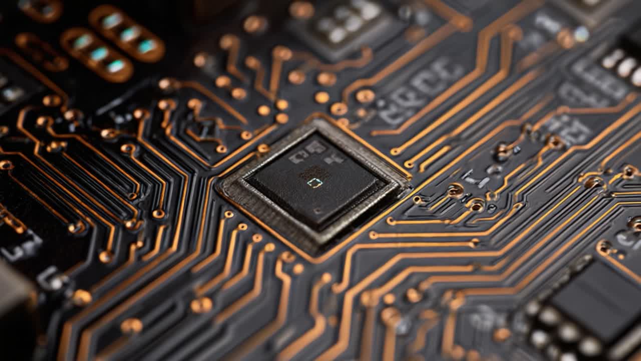 Exploring the Intricate Details of a Microchip: Close-Up of a Circuit Board with Distinctive Features and Connections