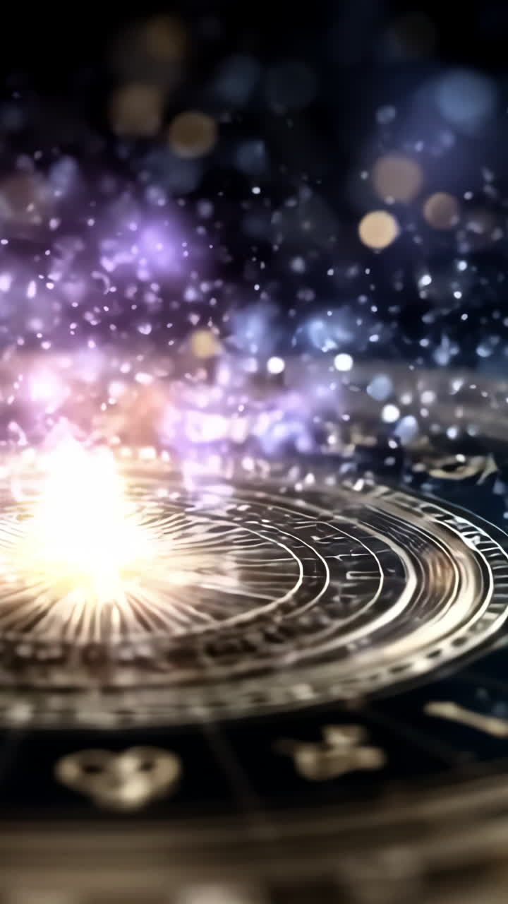 Glowing astrological symbols. A glowing astrological chart emits soft light and sparkles, setting a mystical mood in the darkness.