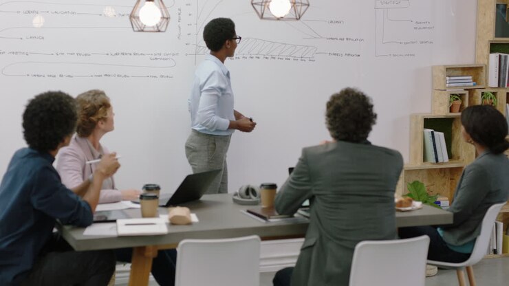 des gens d'affaires rencontrent une femme dirigeante afro-américaine présentant un séminaire de développement de projet montrant diverses idées de groupe de gestion d'entreprise sur un tableau blanc dans une présentation de bureau de démarrage