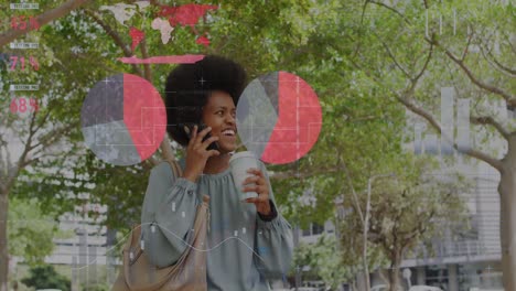 animation of business data over african american woman using smartphone