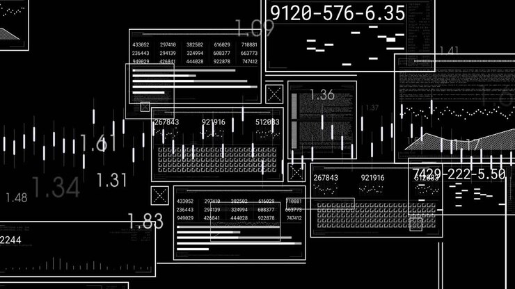 Animation of interfaces with data processing against black background