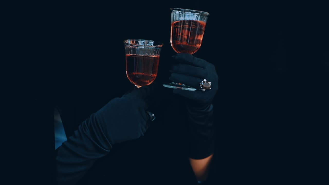 Wine in glass in hands on black background. Charming female hands in black gloves holding two glasses with red drink. Enigmatic atmosphere.