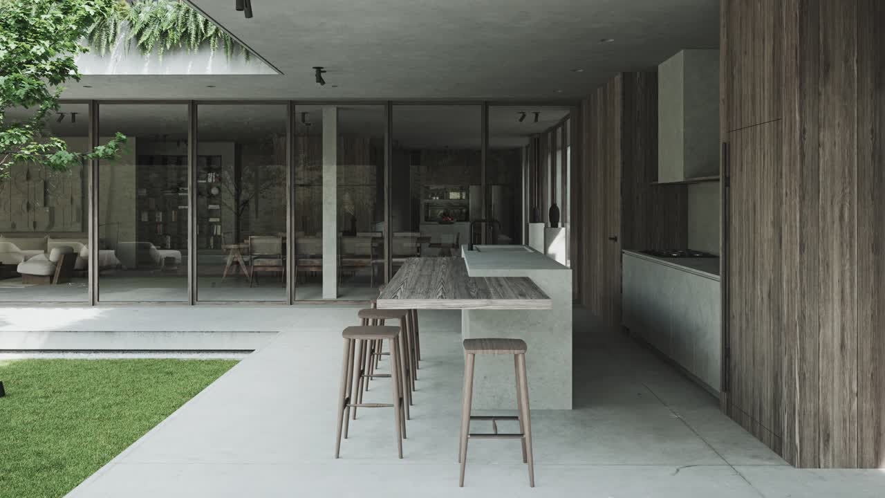 Casa di lusso con terrazza con uscita sul prato e cucina vicino a finestre panoramiche