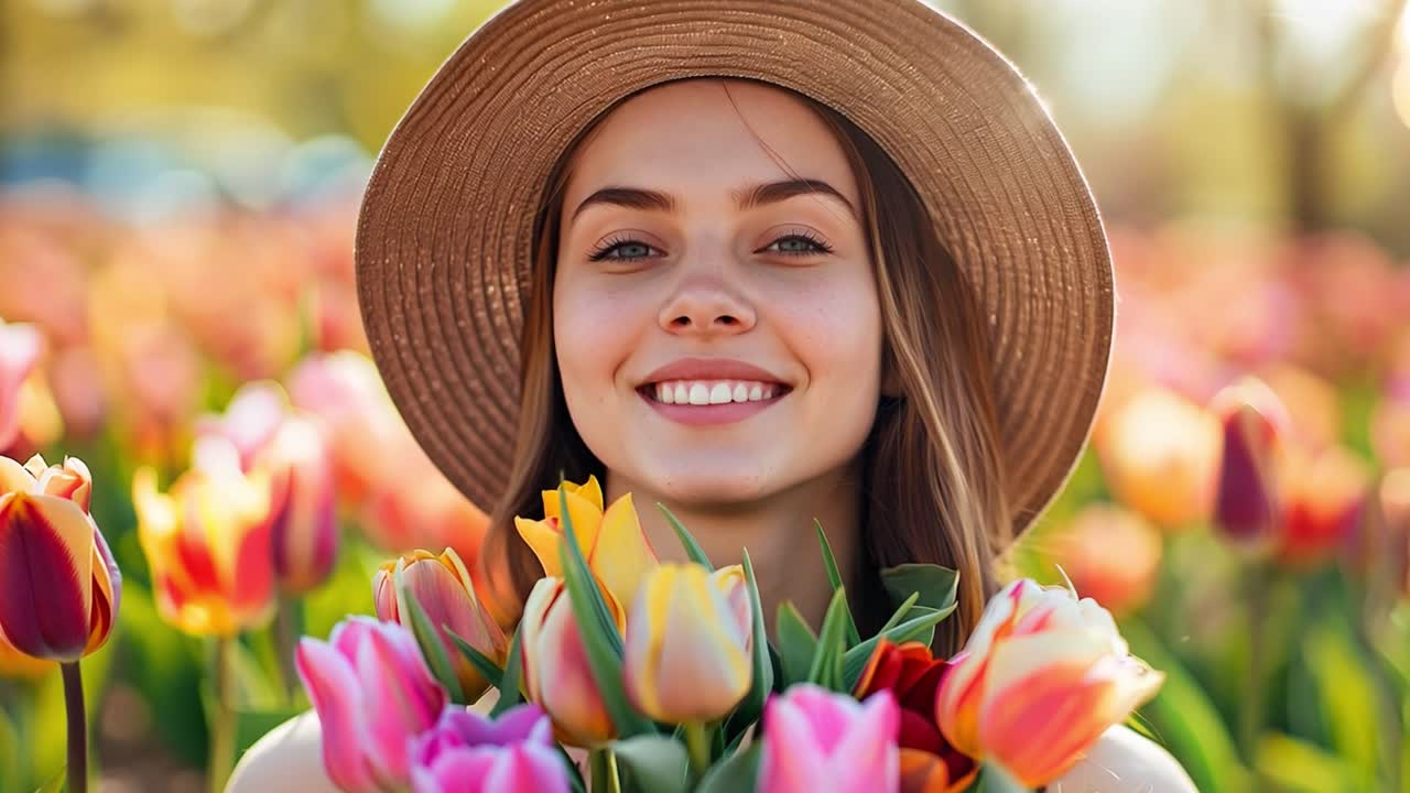 Smiling Woman Holding a Bouquet of Tulips in a Flower Field
