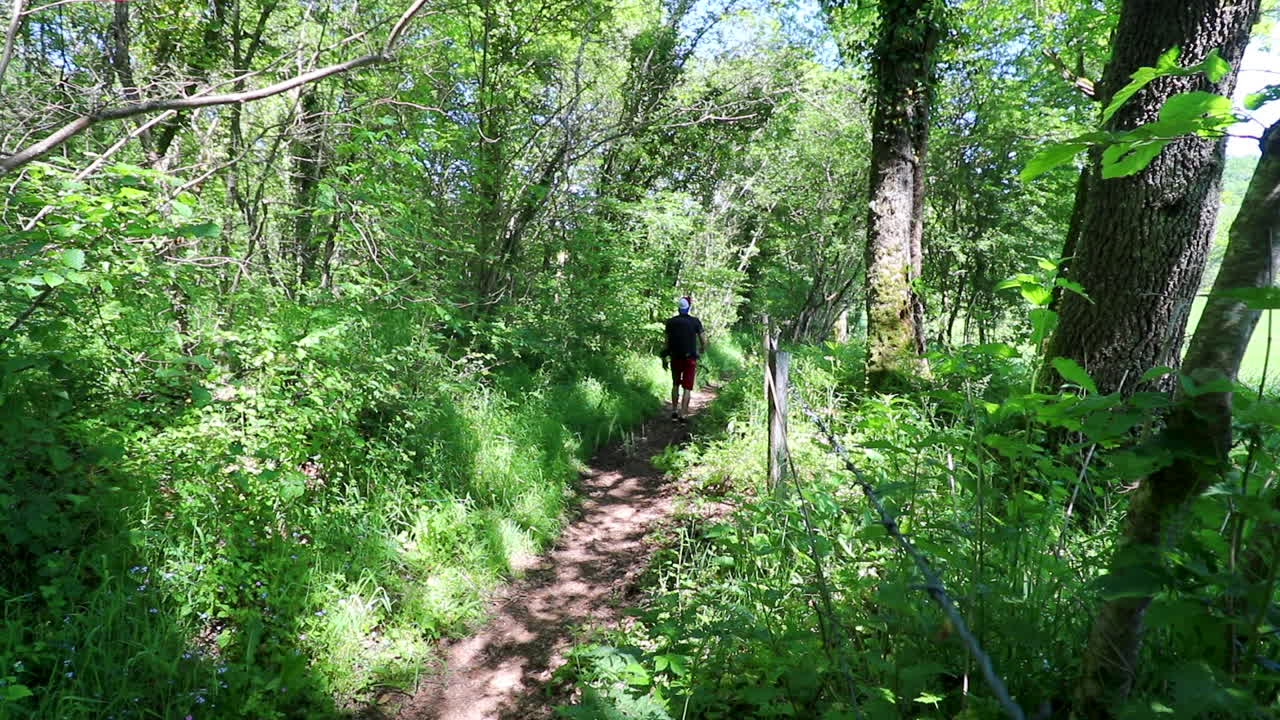 Man with a Hat and Backpack Hiking on a Narrow Trail in the Woods
