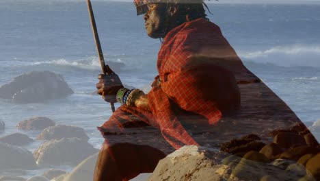 animación del paisaje sobre hombre afroamericano con ropa tradicional