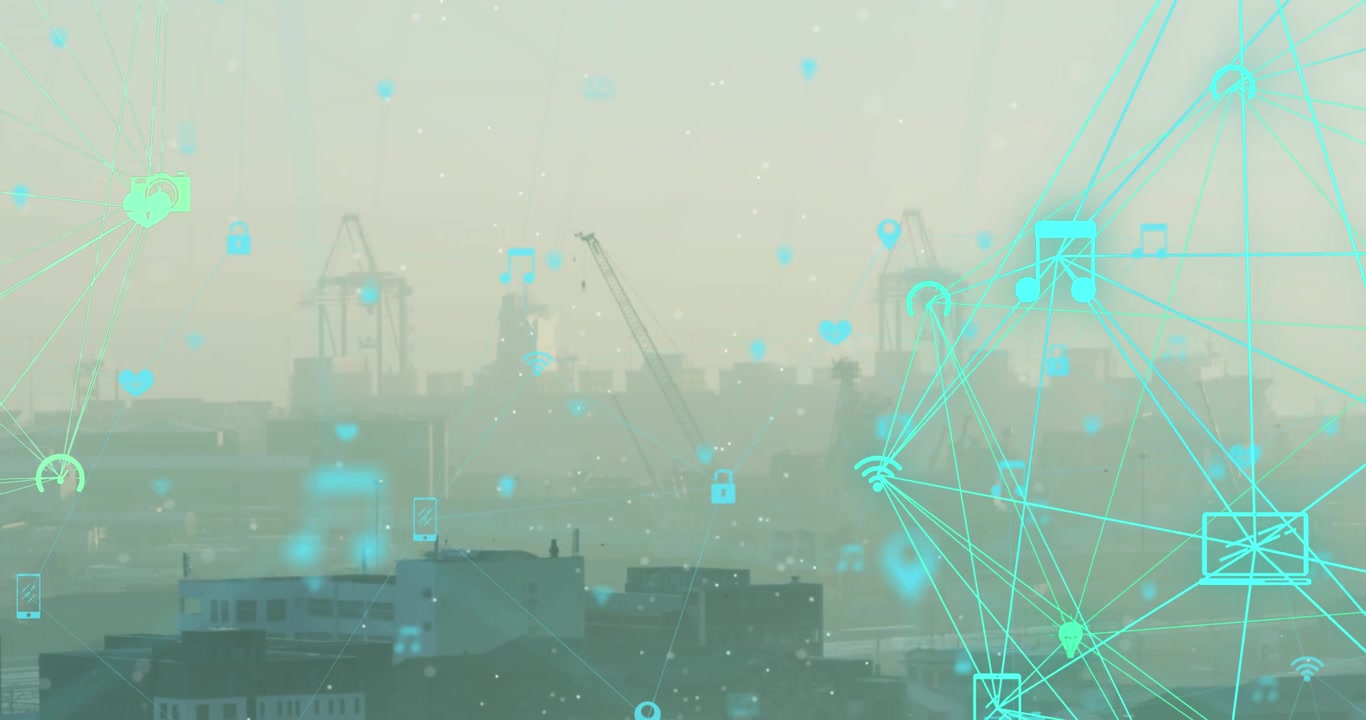 Animazione di una rete di connessioni con un terminale di pagamento e banconote.