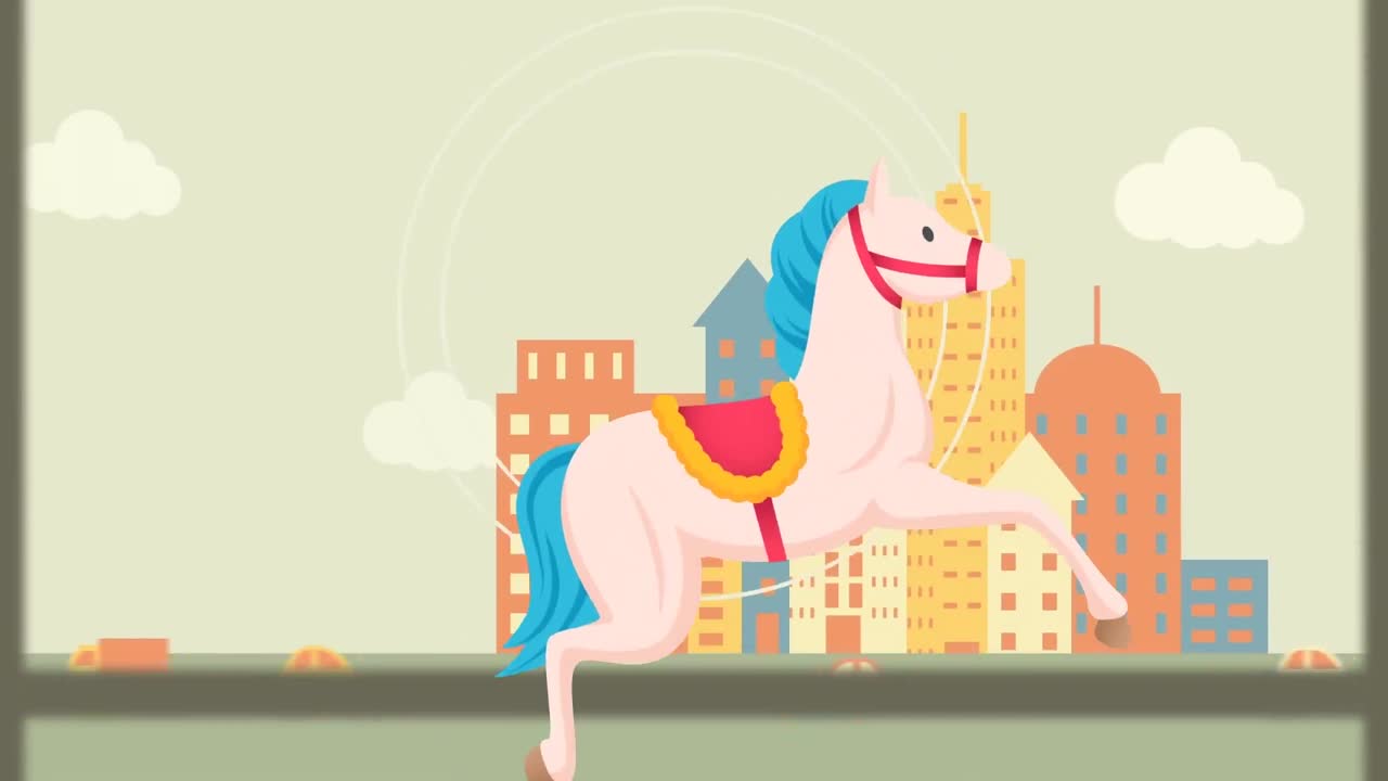 Animation of rocking horse over building and tape reel