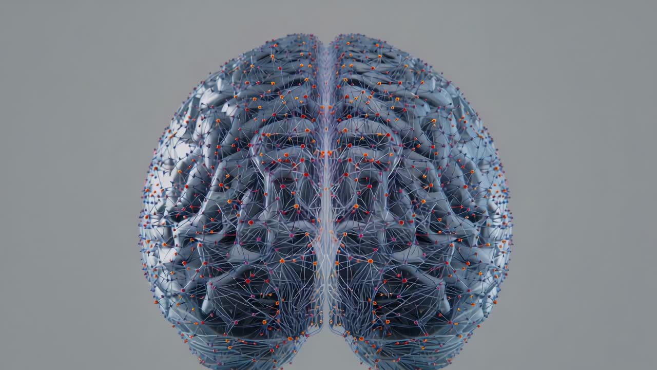 Animating 3D brain on gray backdrop, expanding blue filament mesh and orange hubs, showing network