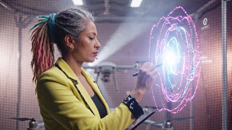 Innovative Woman Using Digital Technology to Create Visual Designs While Working with Drones in a High-Tech Environment, Demonstrating Creativity and Skill