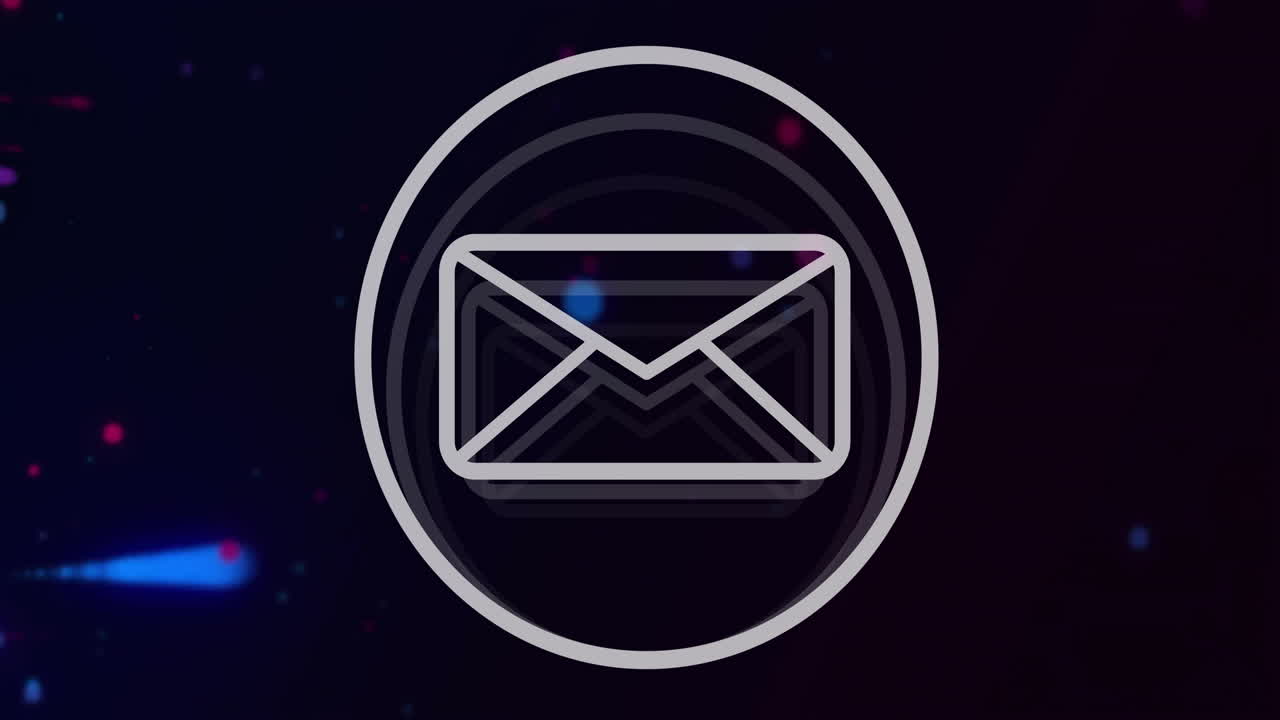 Animation of envelope icon with circular lines, colorful lights in background