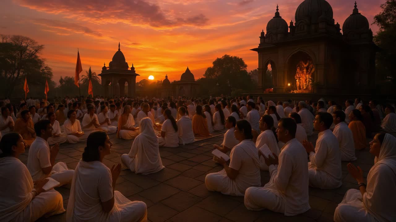 Individuals in white clothing participate in a spiritual gathering at sunset, with intricate architecture framing the scene, enhancing the ambiance of tranquility and connection