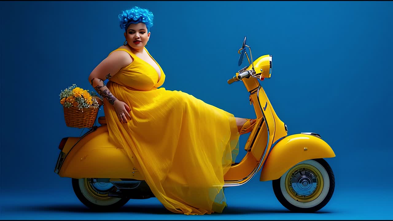 A vibrant photo of a woman celebrating joy with a brilliant blue hairstyle, dressed in a flowing yellow gown while sitting on a classic yellow scooter against a striking blue background