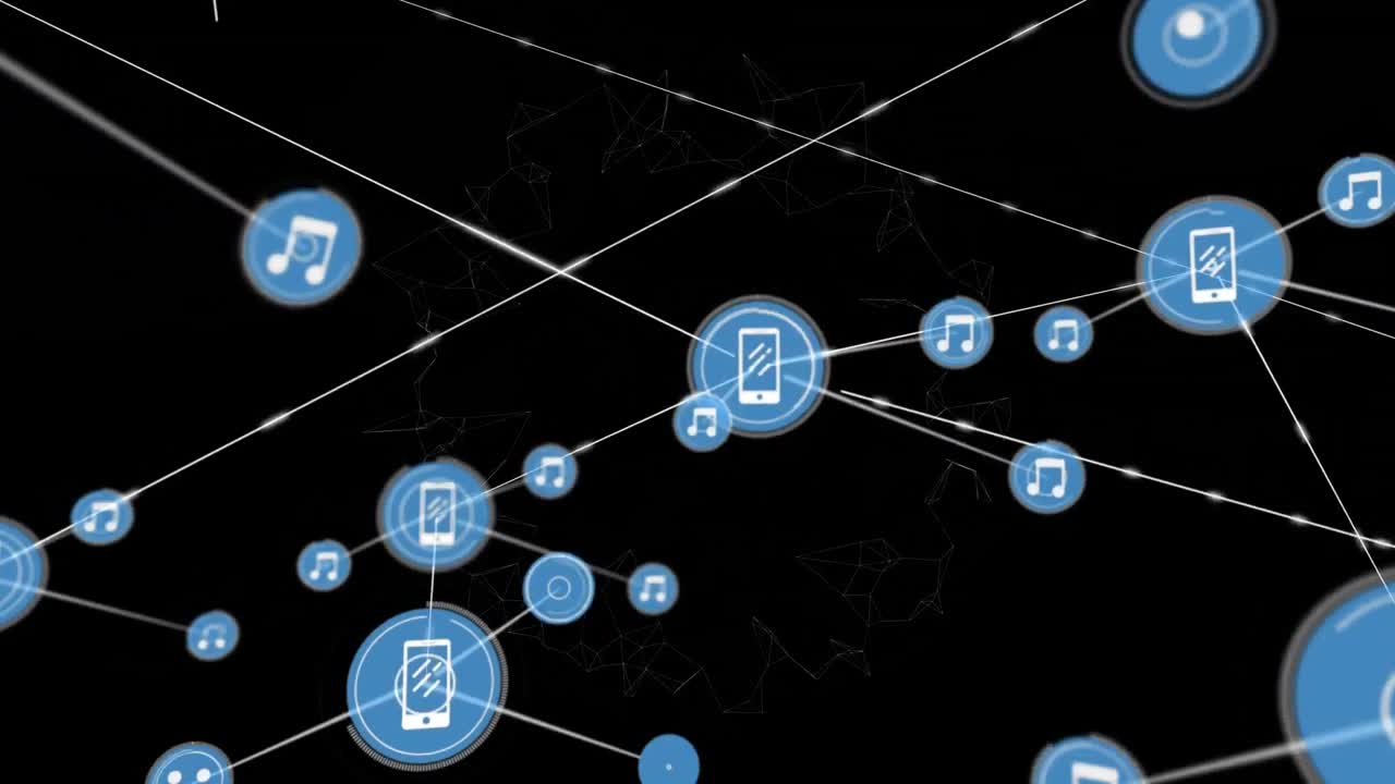 animación de la red de conexiones con iconos en fondo negro