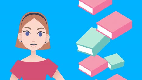 animación de una mujer hablando sobre iconos de libros