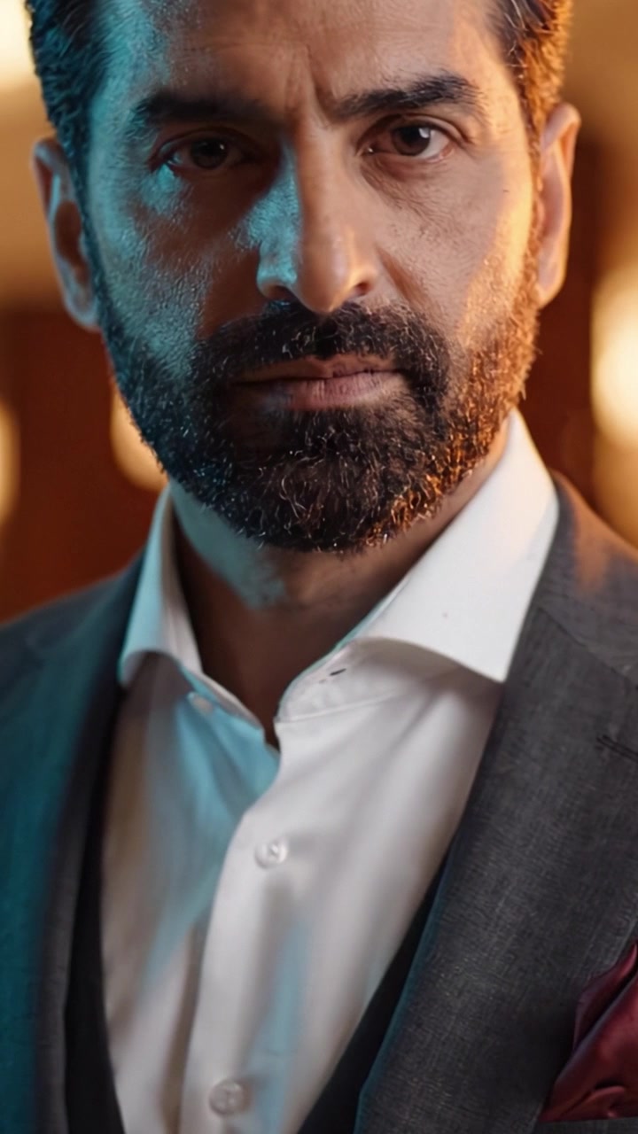 Un Uomo Elegante con un Look Barbuto e un Abito Elegantemente Sartoriale Cattura la Scena con Composure e Sicurezza su uno Sfondo Scintillante.
