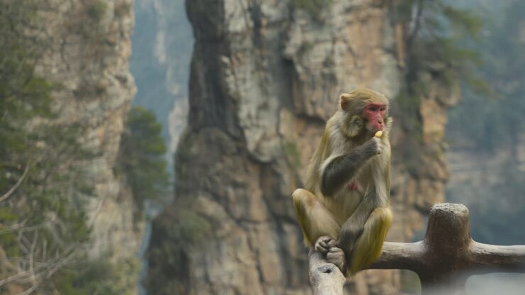 Monkey Sitting on a Cliff in Zhangjiajie, China