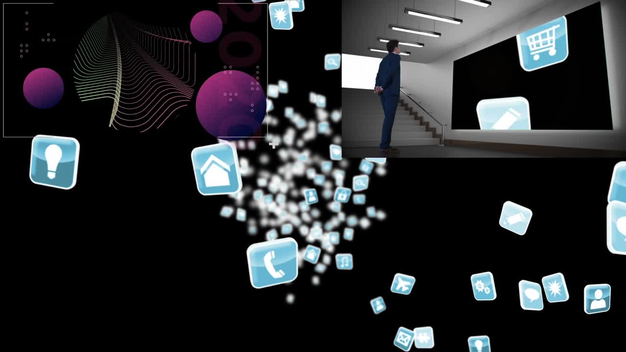 Animation of shapes over icons and caucasian businessman